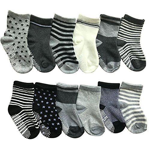 12 Pairs Non Skid Ankle Cotton Socks Baby Walker Boys Girls Toddler Anti Slip Stretch Knit Stripes Star Footsocks Sneakers Crew Socks With Grip For 16-36 Months Baby #TOP2