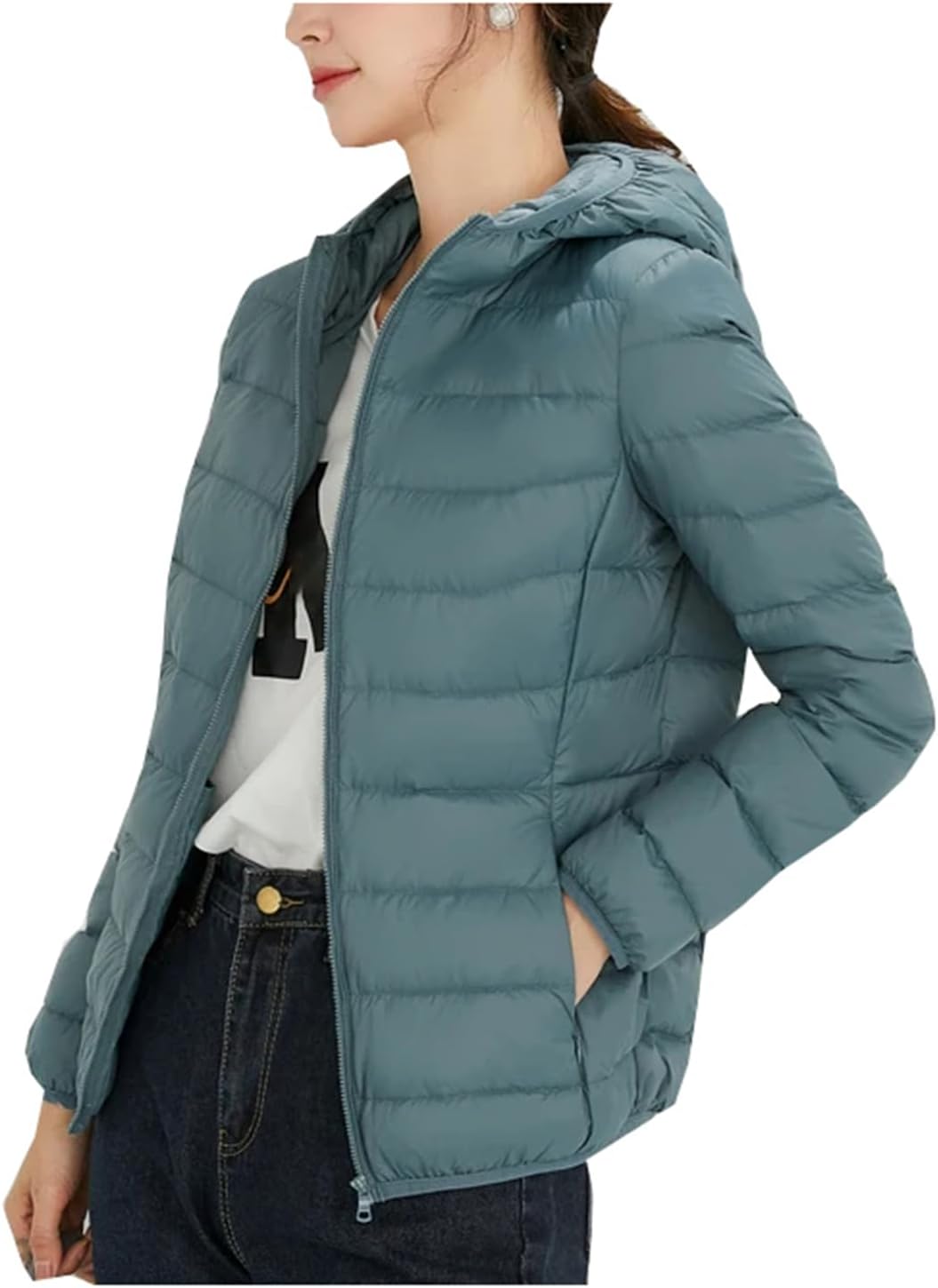 Mnjyihy Women Winter Lightweight Packable Down Jacket Winter Full-Zip Warm Hooded Parka Coat Portable Outwear