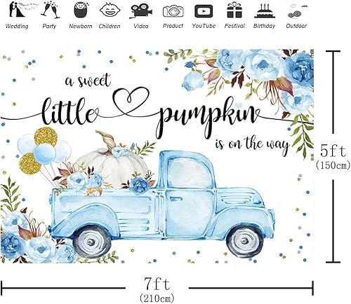 Miniatura 2 de Aperturee Telón de fondo de baby shower de calabaza pequeña de 7 x 5 pies, con texto en inglés "A Little Sweet Pumpkin is On The Way", globos