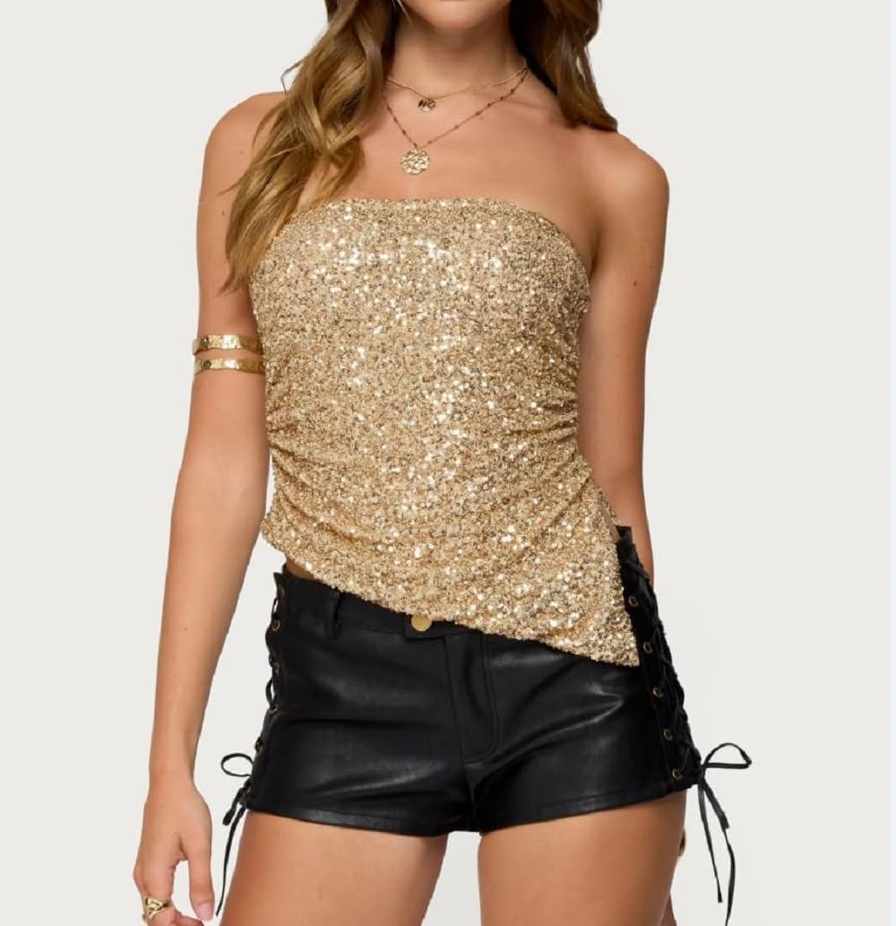 Women Sequins Tube Tops Sexy Strapless Sparkly Split Hem Vest Shiny Glitter Night Out Bandeau Tops Clubwear Crop Tops