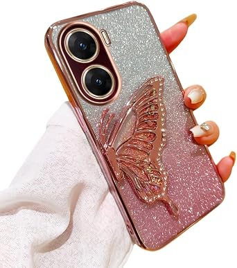 Compatible for Vivo V29e 5G Case with Butterfly Stand, Clear Glitter Quicksand 3D Butterfly Bling, Soft Protective Cover Women Girls Case for Vivo V29e 5G E