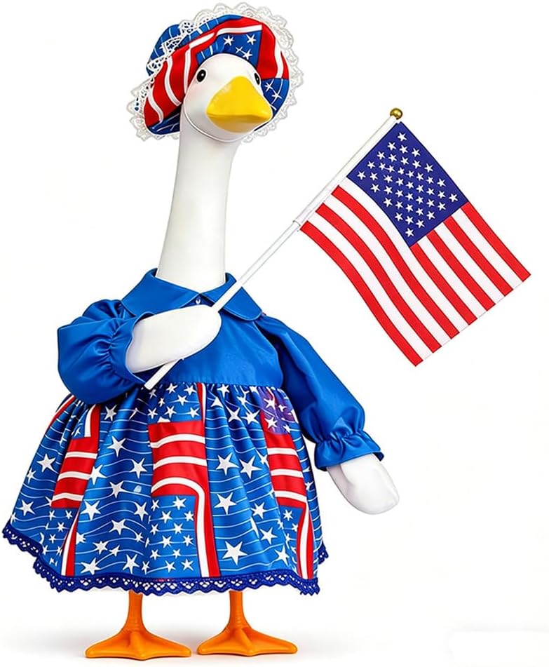 4th of July Patriotic Porch Goose Outfits for Large 23" H Statue, Red White Blue Dress Hat American Flag 3PCS Set Clothes Independence Day Costume for Lawn Garden Plastic Cement Statue Decoration