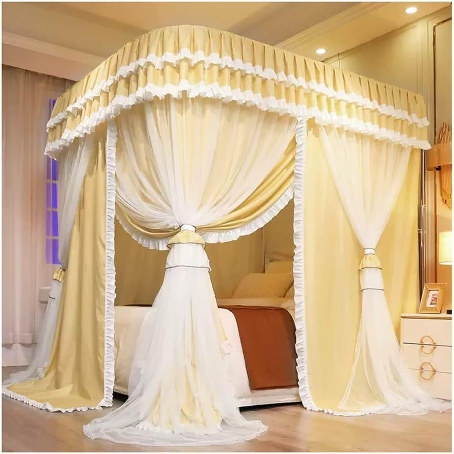 Double Bed Canopy Mosquito Net, Decorative Bed Curtain for Girls' Princess Room Bedroom with Metal Support (Yellow 150X200X210CM)