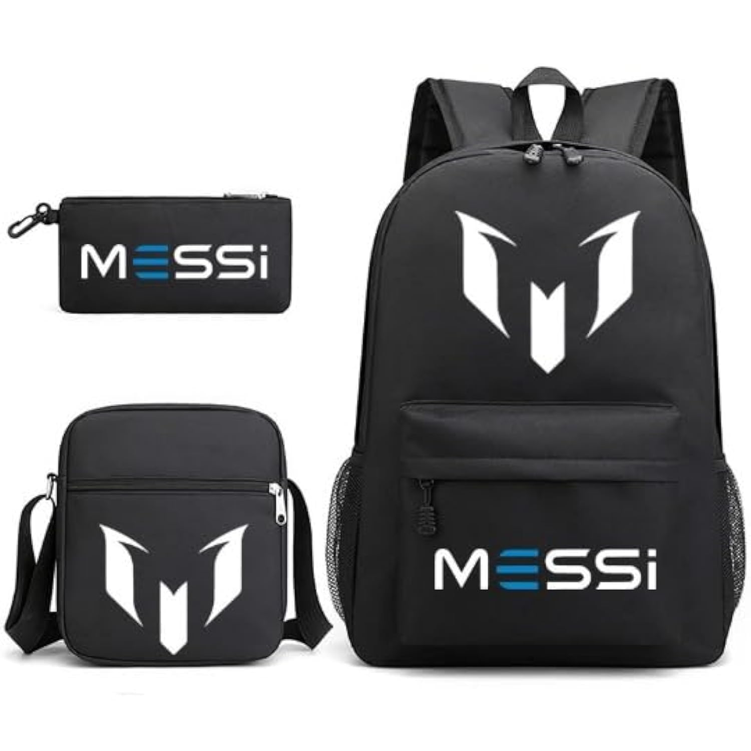 Jarttarn 3PCS Backpack Set,Messi Soccer Backpack,Large Capacity Casual Backpack with Lunch Bag and Pencil case for Boys Girls Fans (Black)