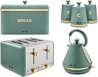 Tower Cavaletto 1.7L 3KW Pyramid Kettle, 4 Slice 1600W Toaster, Bread Bin & 3 Canisters in Jade with Brushed Champagne Gold Accents. Contemporary Matching Kitchen Set of 6 Items in Jade Green