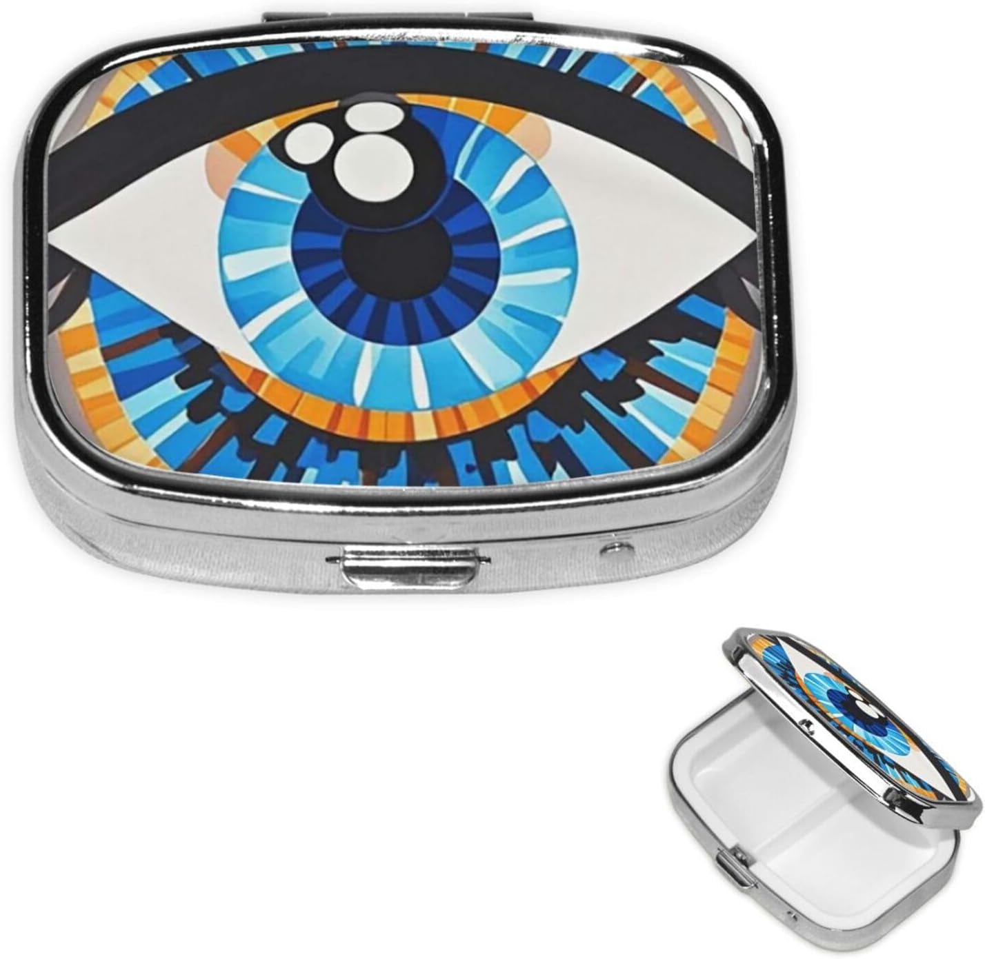Evil Eye Pill Box with Mirror, 2 Compartment Small Pill Case for Purse Or Pocket Mini Metal Pill Holder Travel Weekly Medicine Tablet Vitamin Holder Organizer Travel Gifts
