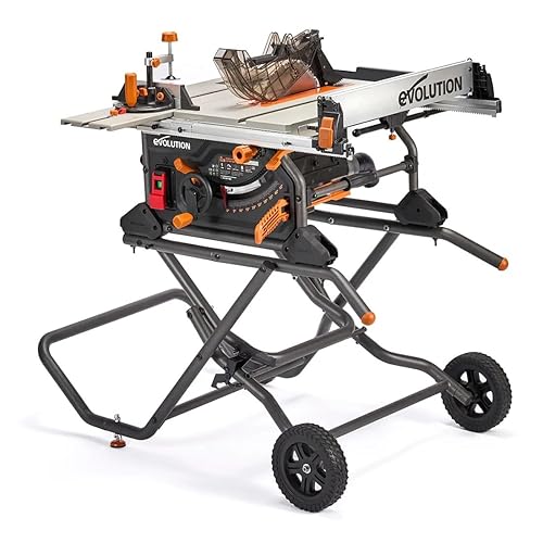 Evolution R10TBLX 10" Jobsite Table Saw with Wheeled Scissor Stand | 15A Motor | Multi-Material Cutting | 10" Blade | 26” Rip | 3-3/8” Depth | 0-45º Bevel | Precision Fence | Portable & Heavy-Duty