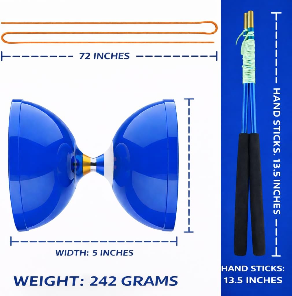 Flight Pro Diabolo Chinese Yoyo Skill Toy Triple Bearing Toy, with Carbon Fiber Sticks, Extra String & Net Bag - Medium Size 5” Blue