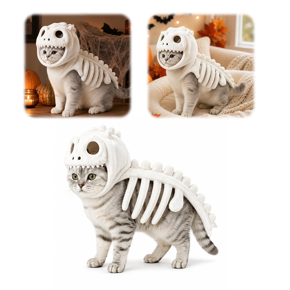 Dinosaur Skeleton Glow In Dark Pet Costume, Funny Plush 3D Dino Hood Outfit