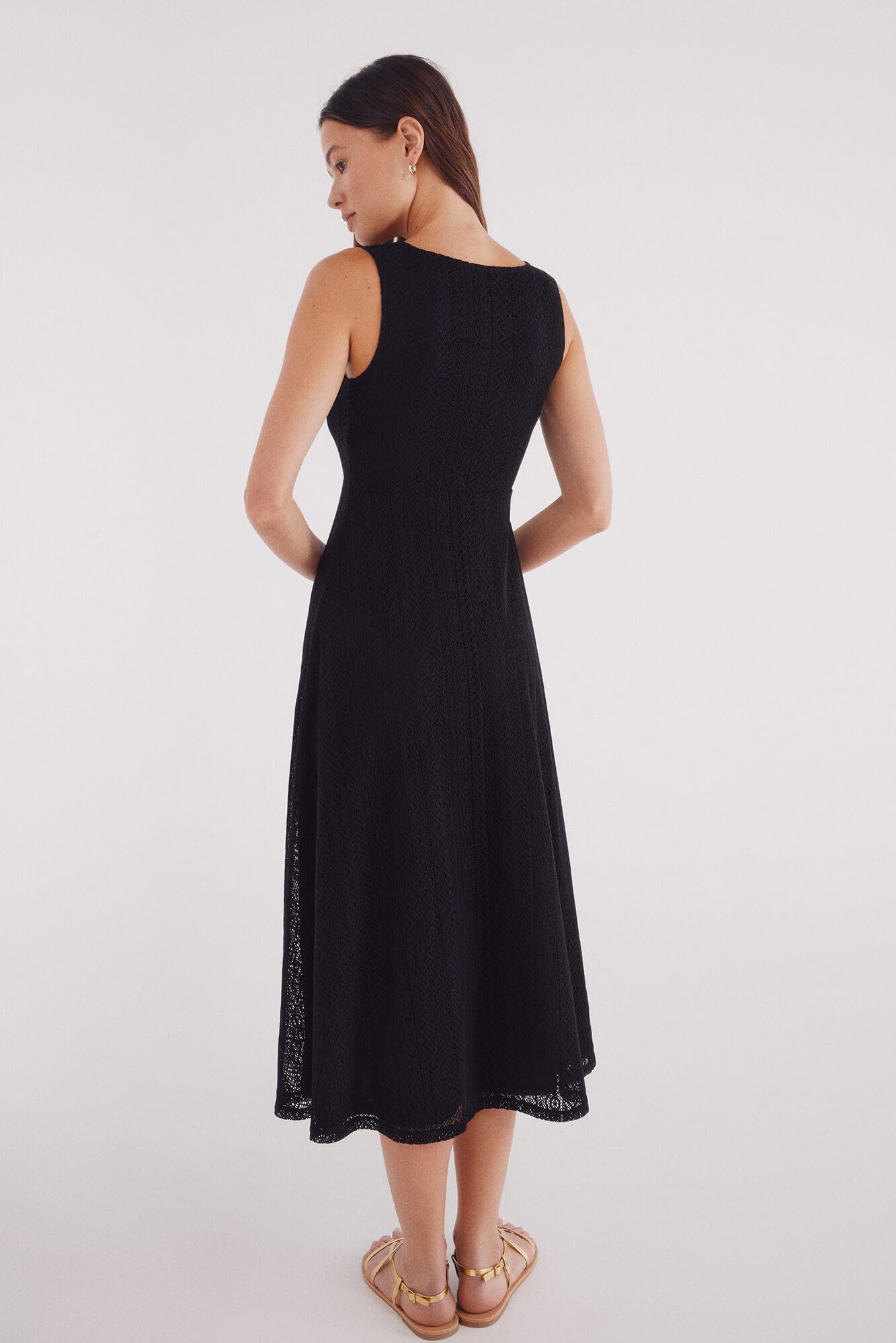 Springfield Midi Crochet Sleeve Less Black Dress with V Neck Abito con Scollo A V Donna