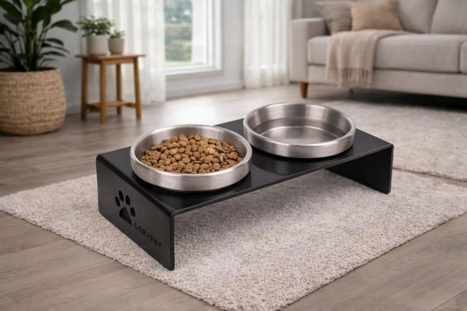 GOBYPET 2’li Seramik Mama ve Su Kabı Seti – Siyah Pleksi Standlı, Kaymaz Paspas Hediyeli (Paslanmaz Metal)
