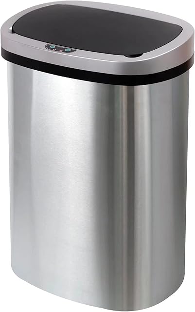 GlamHaus Sensor Bin, Motion Sensing 40L For Kitchen, Soft Close With Supplied Power Adaptor Or Battery Operated - Brushed Stainless Steel Silver, Infrared Hands Free 40 Litre
