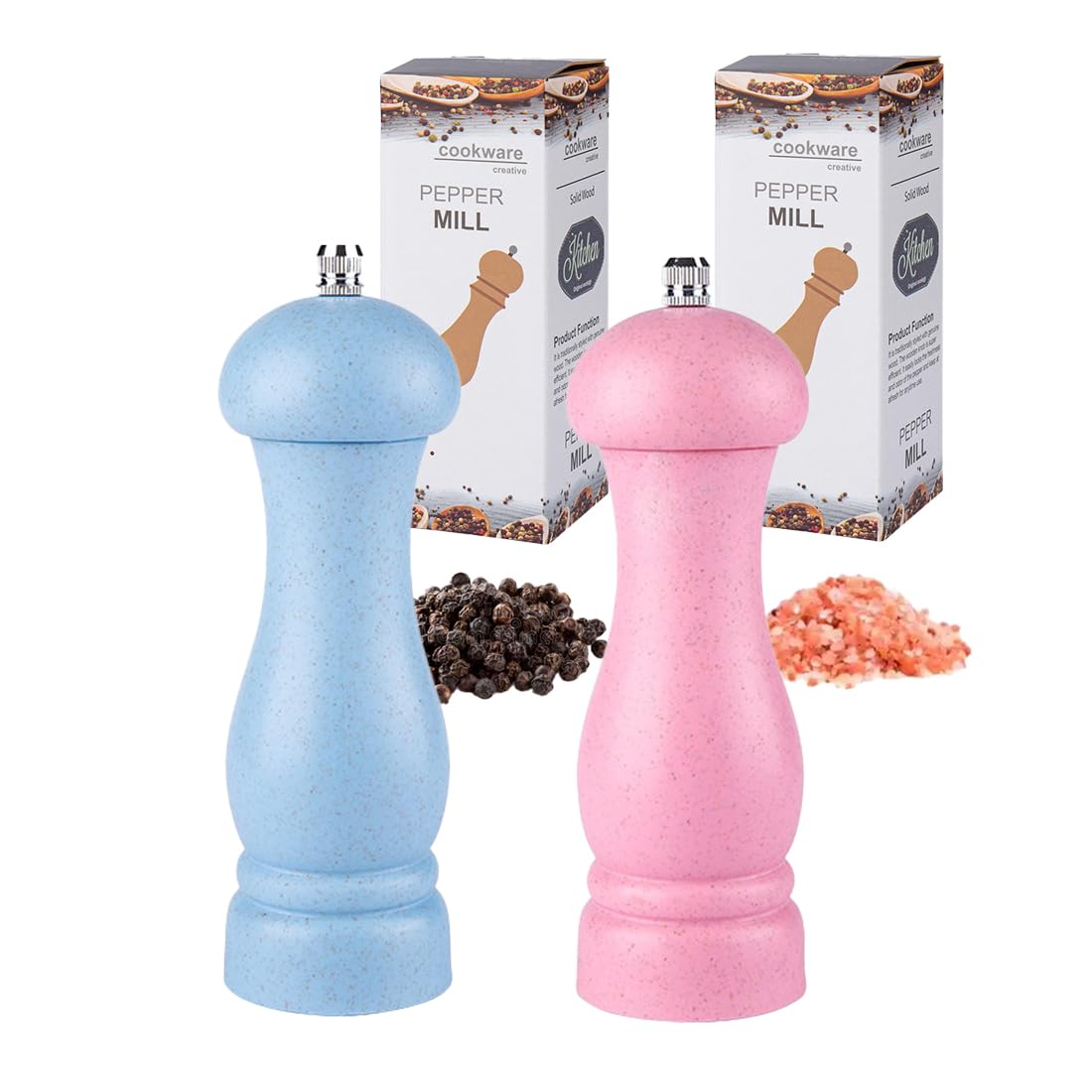 Salt and Pepper Grinder Set, Pepper Mill Set of 2 Manual Salt Pepper Shakers Grinder Refillable 6.5 Inch with Adjustable Ceramic Grinding Rotor (Blue+Pink)