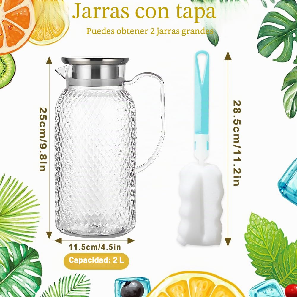 Jarra Acrílica de 2L, TIE-DailyNec 2 Pack Jarra de Agua de Plástico con Tapa y Asa, Jarra de Zumo Transparente Sin BPA para Limonada, Leche, Café, Té, Incluye 1 Cepillo de Mango Largo