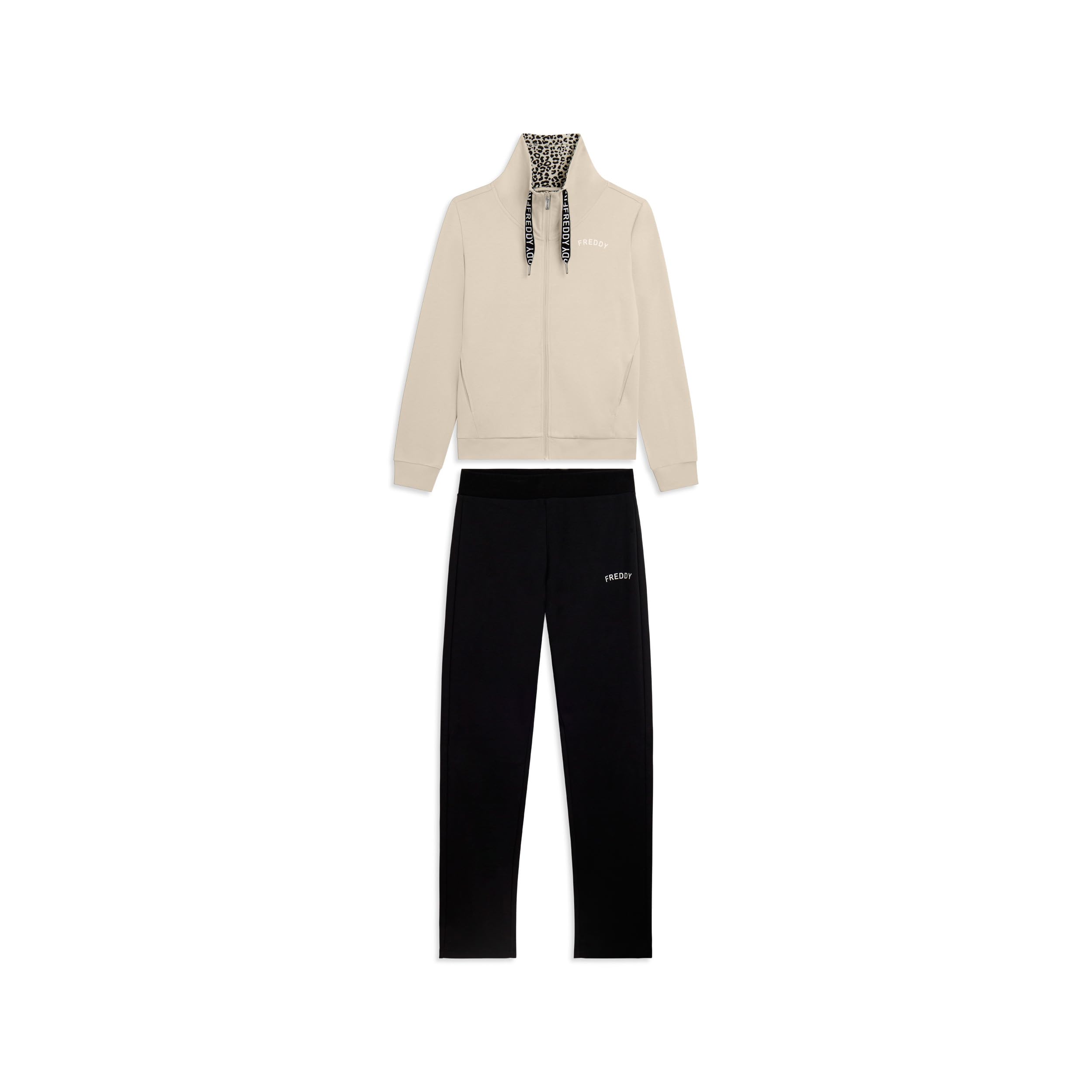 FREDDY - Tuta Donna Completa in Cotone Interlock con Felpa con Zip e Collo Alto Foderato Animalier, Pantaloni con Coulisse - Tute Sportive