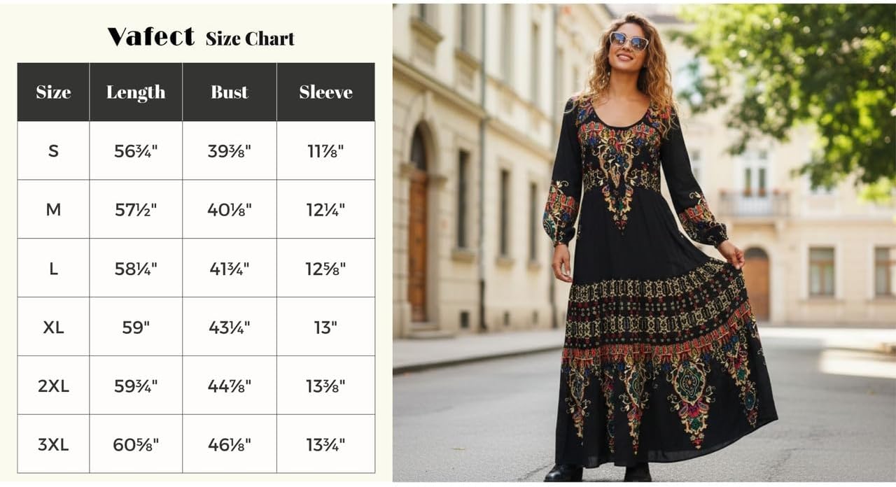 Womens Black Boho Paisley Maxi Dresses Long Sleeve Ethnic Scoop Neck Skirt Vintage Flowy Party Festival Spring Dress - Image 9