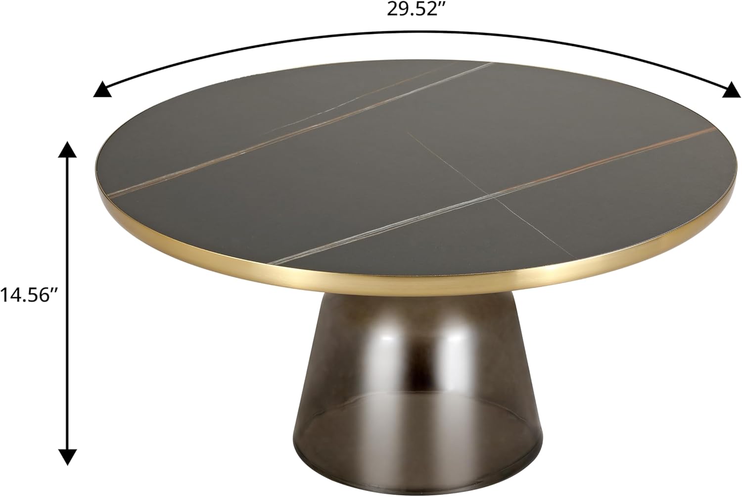 LeisureMod Tully 30" Round Coffee Table, Sintered Stone Top, Brushed Gold Iron Rim & Tempered Glass Base, Modern Black Stone Coffee Table for Living Room, Office, No Assembly