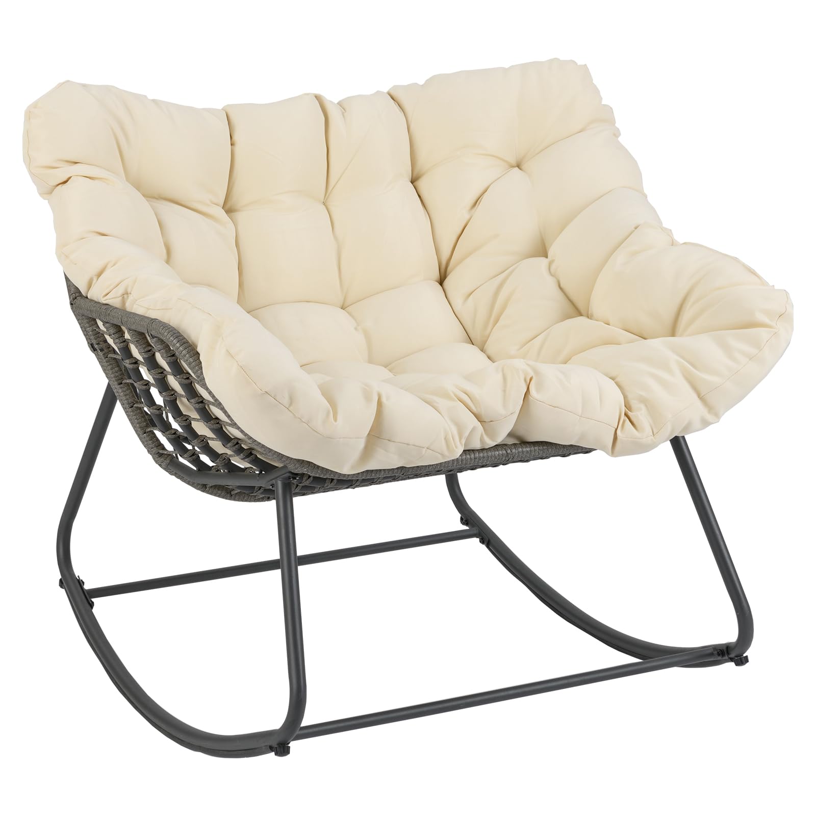 COSTWAY Outdoor Rocking Chair, Oversized Patio Wicker Egg Chair with Thick and Removable Cushion, Rattan Comfy Rocking Lounge Chairs for Living Room, Balcony & Yard (Beige, 100 x 98 x 89 cm) — image 1