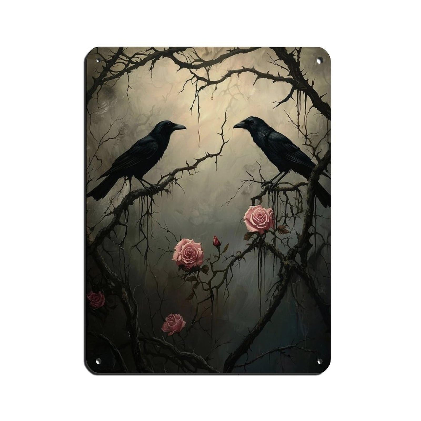 Ravens And Roses Valentine's Day Wall Art Tin Sign Vintage Metal Pub Club Cafe Bar Home Wall Art Decoration Poster Retro 12x16inch(30x40cm)