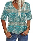 Grlasen Womens Summer Tops Fashion V Neck Half Sleeve Oversized T Shirts Elbow Length Tee Shirts Cas
