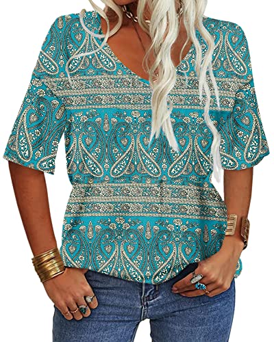 Grlasen Womens Summer Tops Fashion V Neck Half Sleeve Oversized T Shirts Elbow Length Tee Shirts Casual Tops Loose Fit Blue-Khaki #TOP9