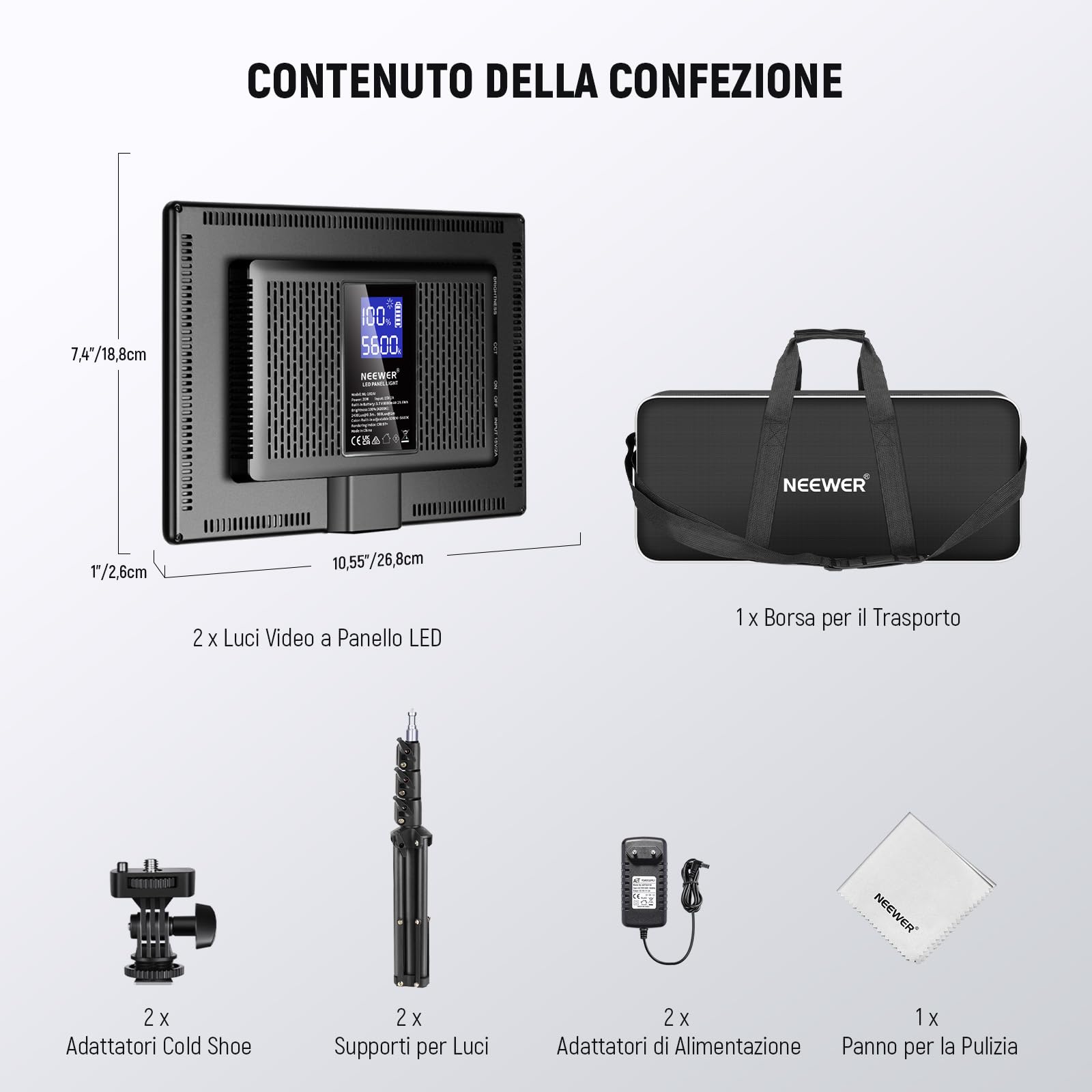NEEWER Kit Illuminazione Fotografia di 13" Pannello Luce Video LED con Stativo Panno Pulizia, 2pz Key Light Dimmerabile Bicolore 8000mAh da Studio 3200K-5600K CRI97+ 2400Lx per Streaming Live Riprese