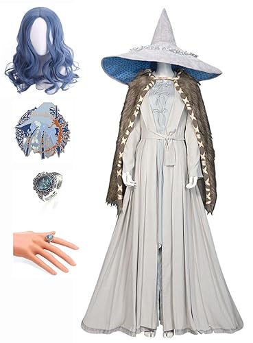 Women Elden Ring Ranni Cosplay Dress Robe Hat Ranni Witch Costume Fur Cloak with Wig Halloween Uniform - Grey Uniform + Wig - Small
