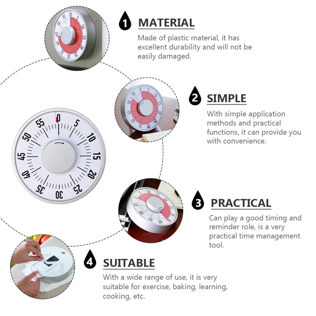 Minuteur Élève Carré en Plastique Abs Blanc Alarme | Compte à Rebours Mécanique, Rappel Cuisine et Exercice, Format 1 Pièce Pratique