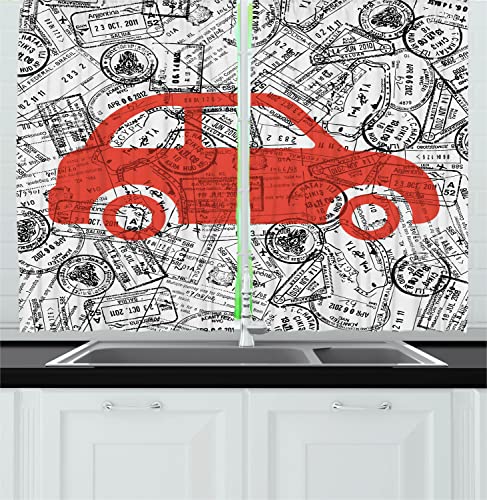 Ambesonne Cartoon Long Kitchen Curtains, Little Car with Travel Themed Passport Stamps Background Abstract Design, 2 Panel Set Drapes with Rod Pocket Room Decor, 55