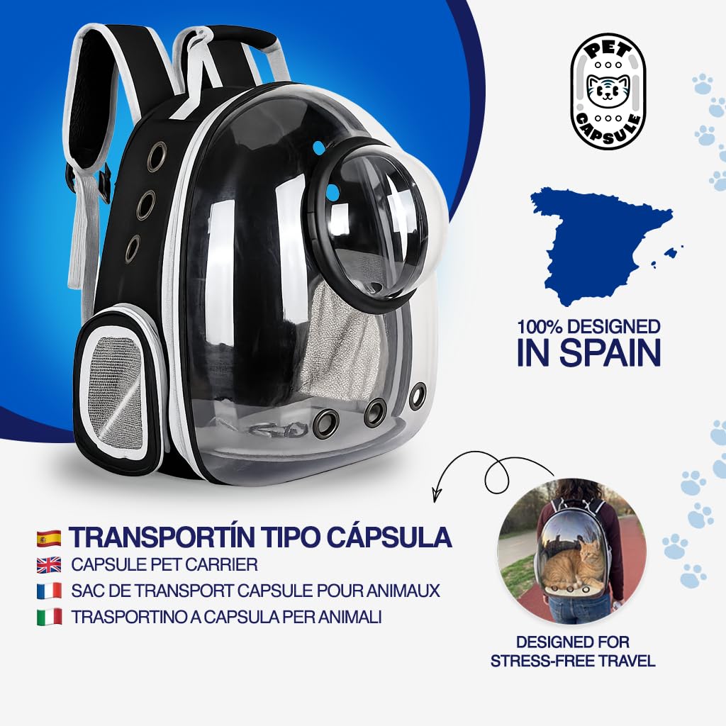 Mochila Transportín Gato y Perro Pequeño hasta 6 kg – Transportín Gatos Cápsula con Ventana Transparente y Cúpula Perforada – Mochila para Gatos Medidas Cabina Avión, Ventilación