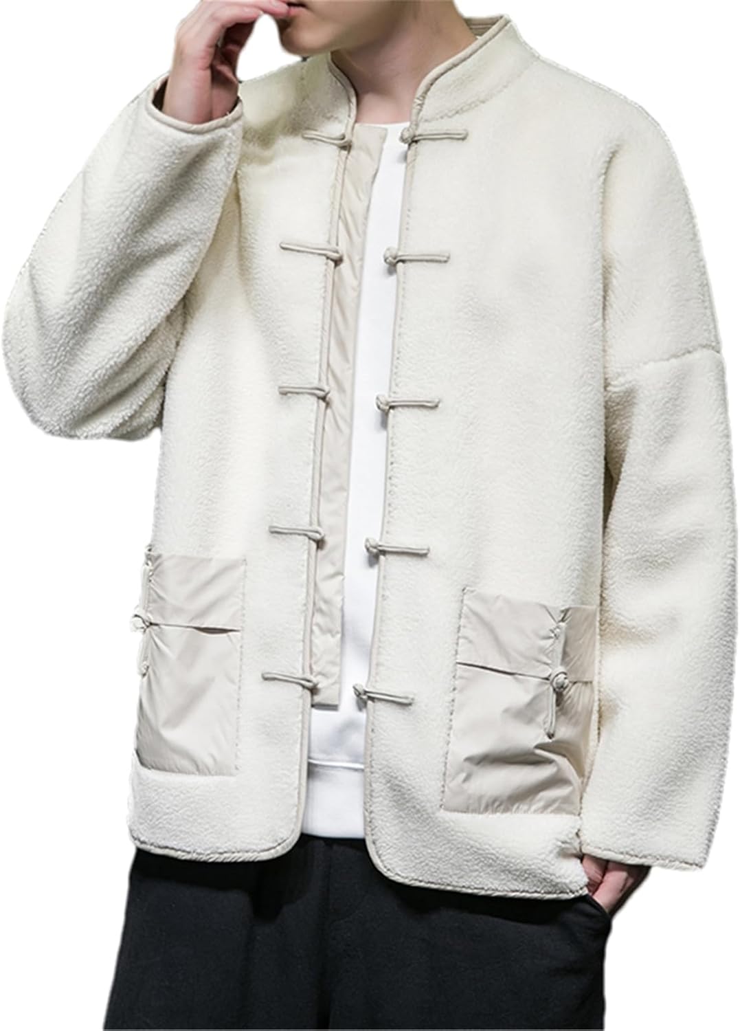 Men's Disc Buckle Patchwork Lamb Wool Cotton Coat Tang Suit Hanfu Jacket Coat Tai Chi Kung Fu Coat