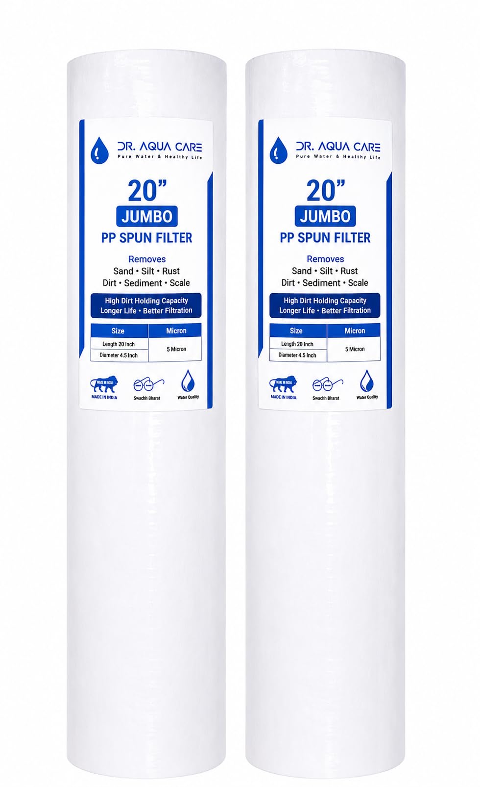 DR. Aqua Care 20 Inch Jumbo PP Spun Filter Cartridge, 5 Micron, 4.5 Inch Diameter, Removes Sand, Silt, Rust and Sediment, Pack of 2-image-3