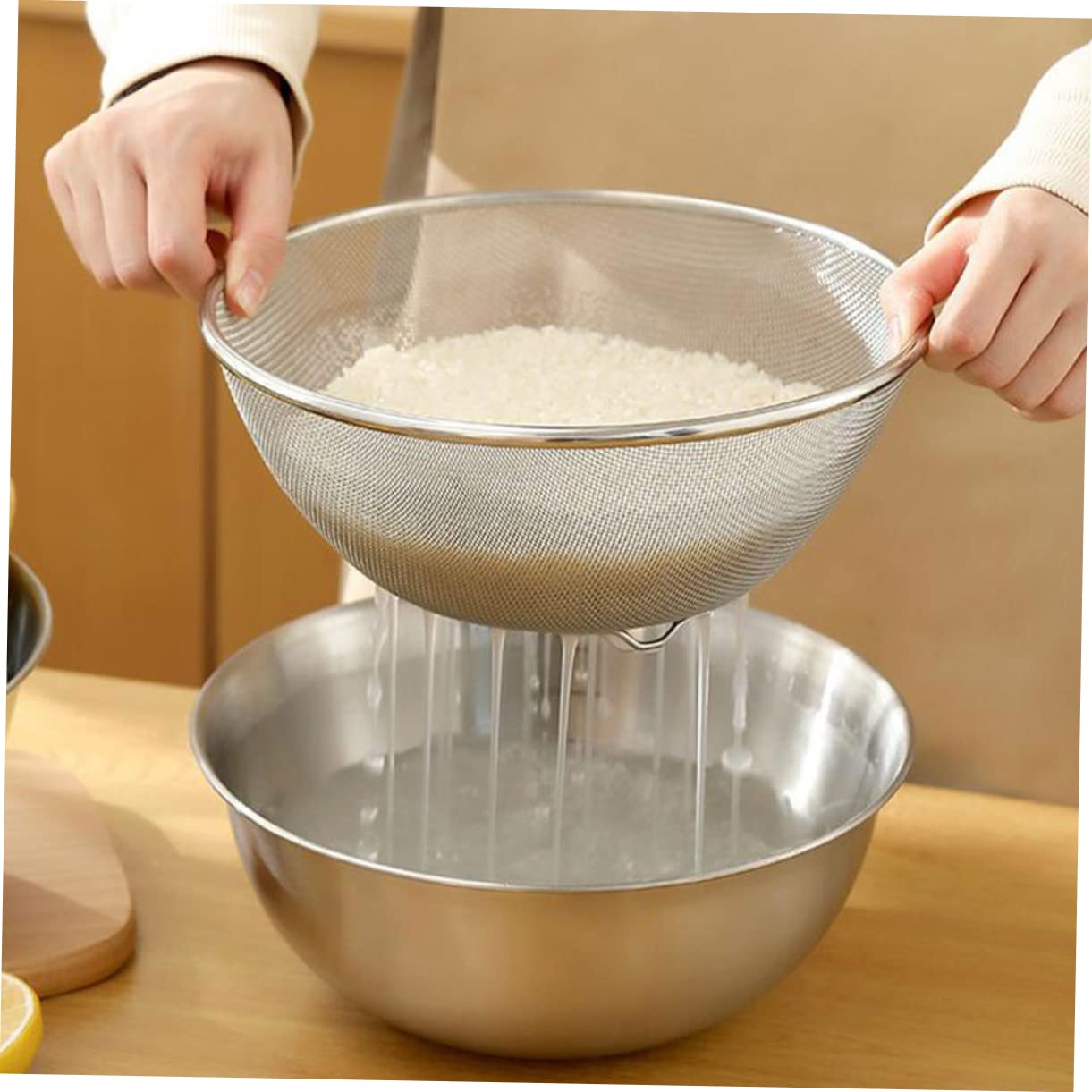 Cesta Colador de Acero Inoxidable 2 Piezas para Lavar Arroz y Frutas, Recipiente de Drenaje Estable y Antideslizante para Cocina