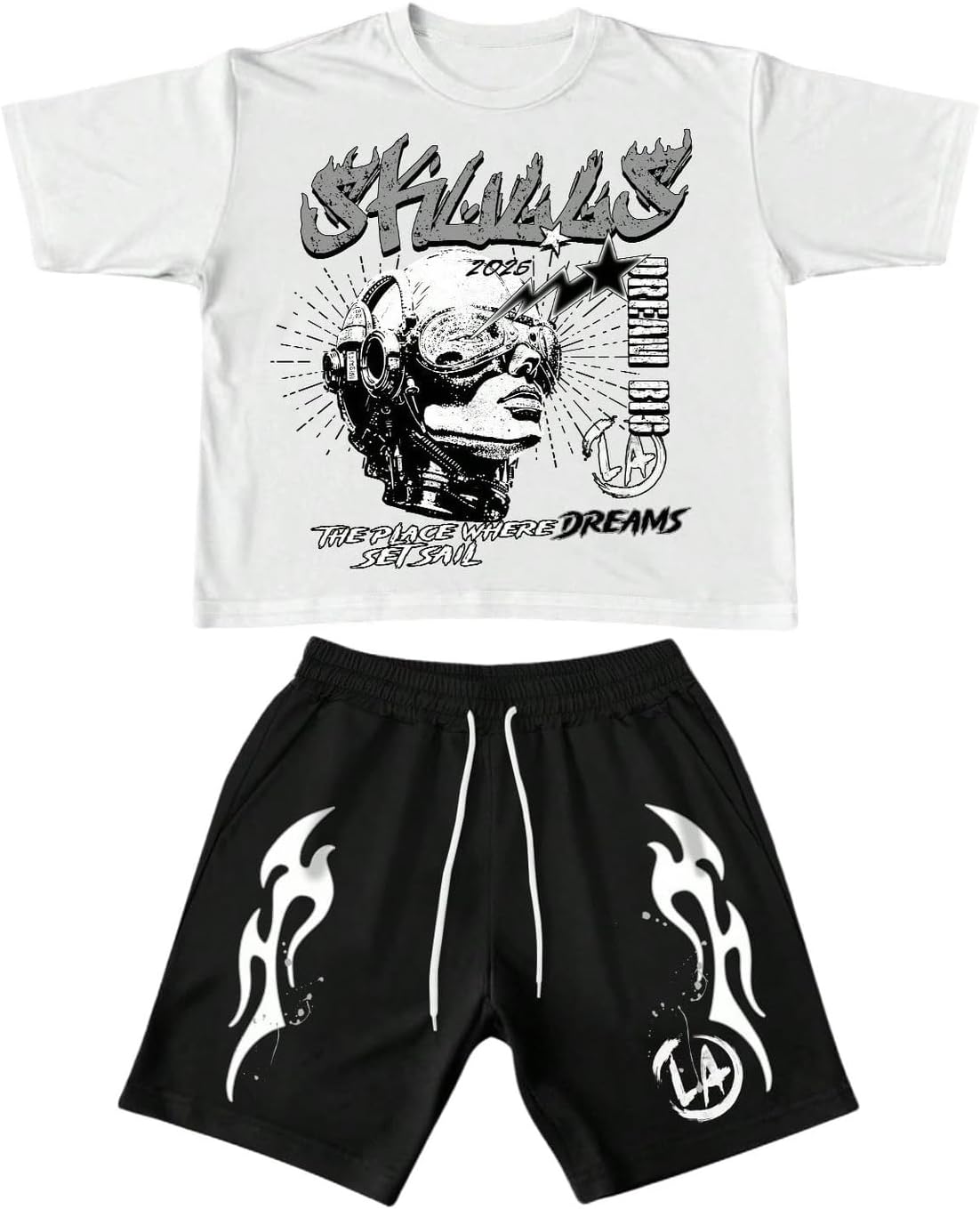 VIPWOLF Men's 2 Piece Short Sets Crew Neck Graphic Baggy Casual T Shirts & Shorts Y2K Clothes