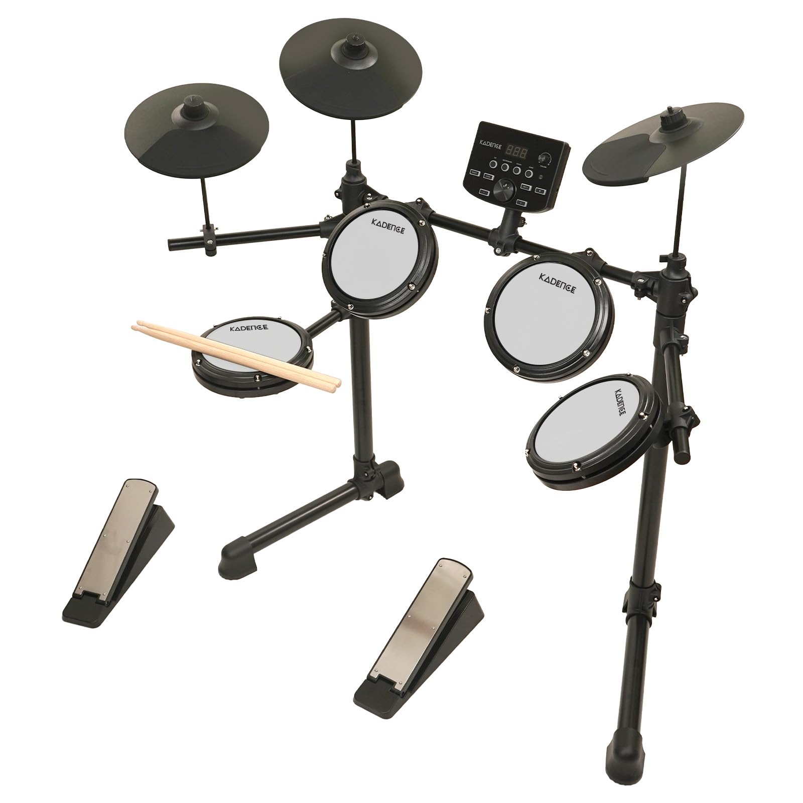 Kadence 7 Piece Electronic Drum Set, Electric Drum set for beginners with 4 quiet white mesh Drum Pads, Headphones, Drumsticks, 2 Pedals, Bluetooth And Led Display (MD200A) - Image 2 thumbnail