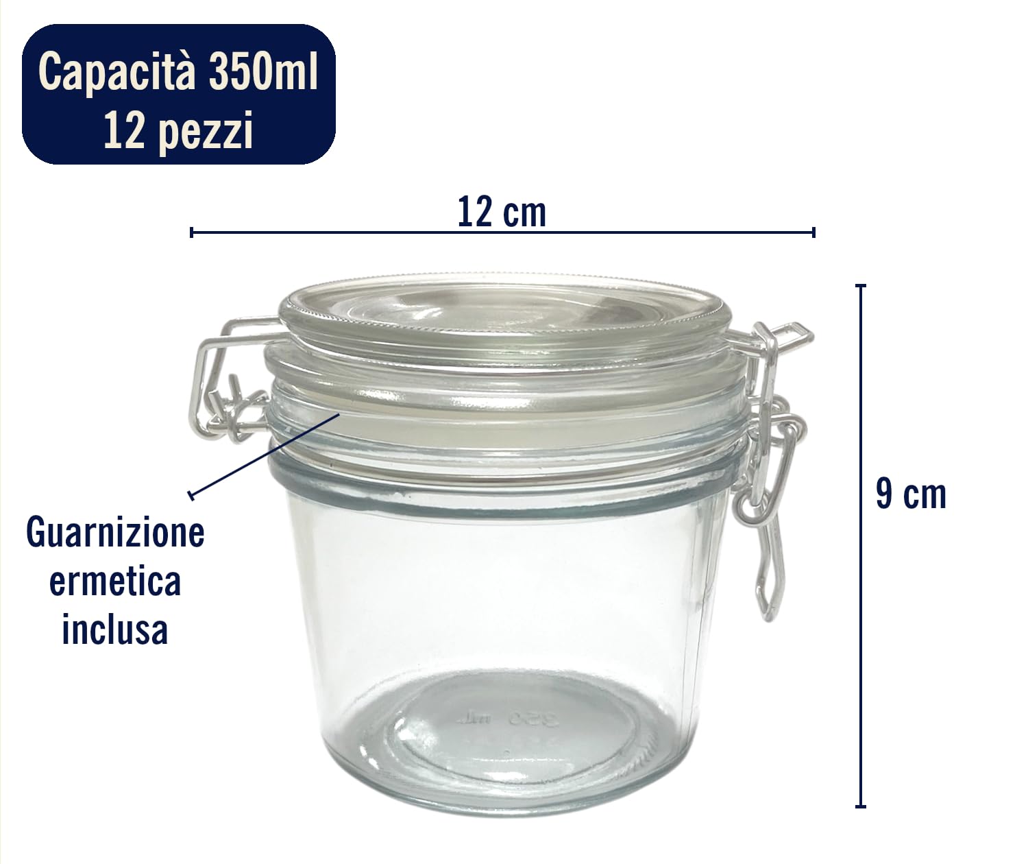 Greenatural 12x Barattoli Vetro Ermetici | 12x350ML | Set Vasetti Contenitori per Alimenti con Coperchio e Chiusura a Clip | Barattolo per Dessert, Alimenti, Conserve