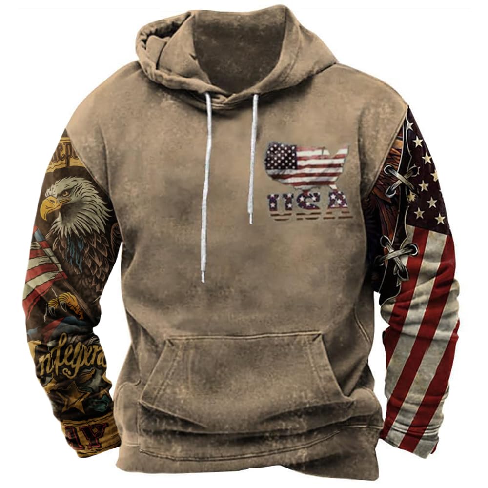 ZOCAVIA American Flag Hoodies for Men USA Graphic Hooded Sweatshirts Drawstring Western Ethnic Boys Pullover Tops