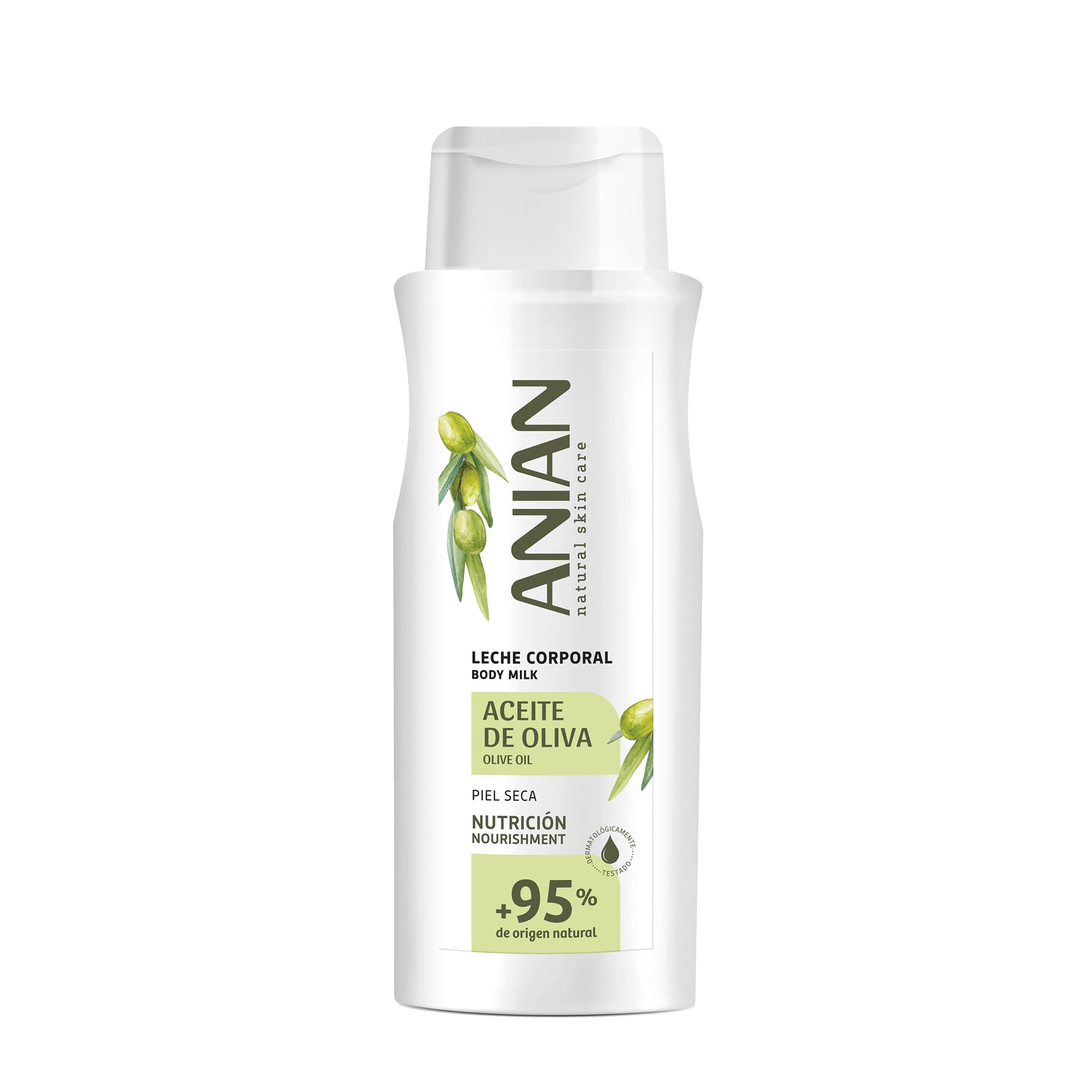 ANIAN - Leche Corporal Aceite de Oliva, 500 ml, con Manteca de Karité y Alantoína, Nutre e Hidrata sin Sensación Grasa, Crema Hidratante, Piel Suave y Tersa, +95% Ingredientes de Origen Natural