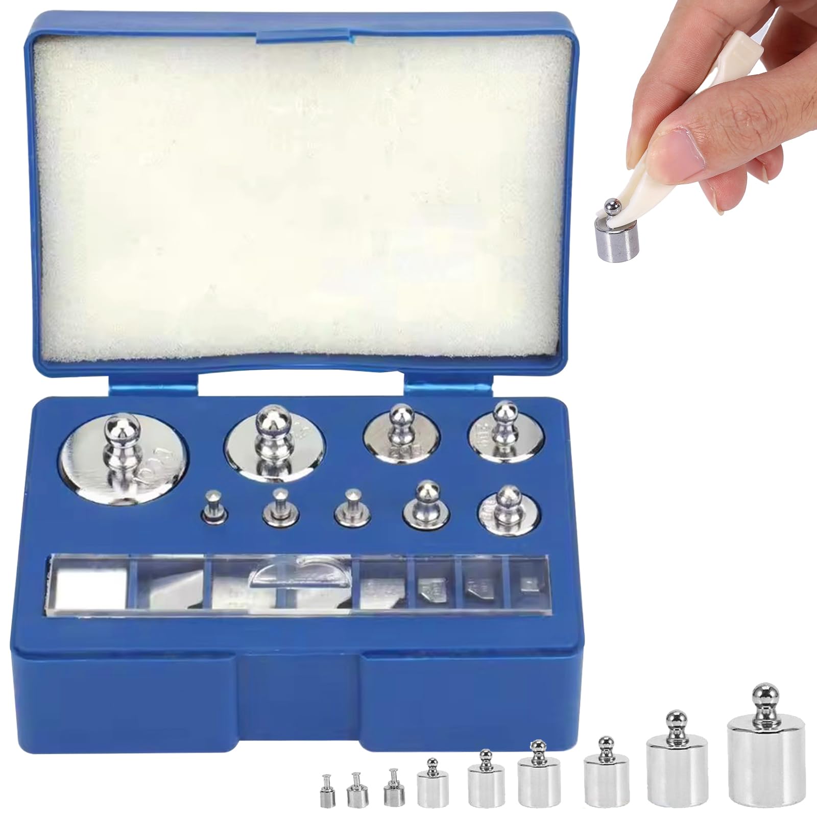Peso di calibrazione, 17 pesi di calibrazione di precisione, set di pesi di calibrazione in acciaio inox, set di pesi di calibrazione per laboratori digitali, 1 g, 2 g, 5 g, 10 g, 20 g, set di peso