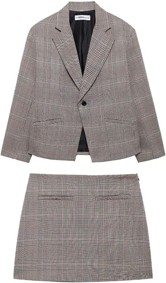 Women's Spring Plaid Lapel Long Sleeve Single Button Suit Jacket and High Waist Zipper Skirt Set