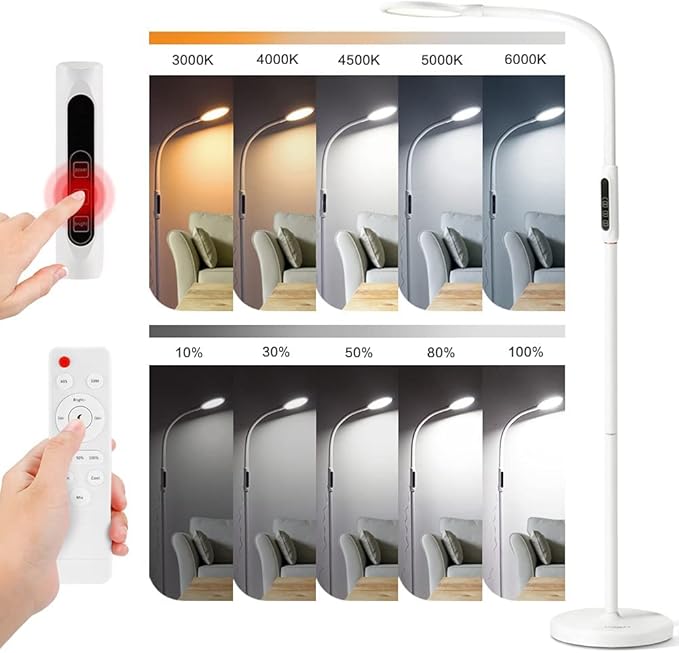 Tonffi Tonffi Led-vloerlamp met variabele intensiteit, 12 W, 3-in-1, leeslamp met afstandsbediening en touch-bediening, 5 kleurtemperaturen, moderne staande lamp voor woonkamer, slaapkamer, kantoor, wit photo 3