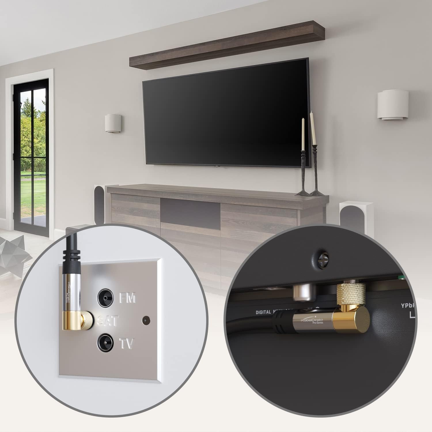 KabelDirekt SAT Cable connected to a wall plate and a television, showing the 90-degree angle