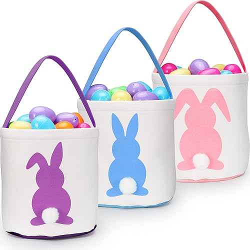 Sunboom Paquete de 3 cestas de Pascua vacías para niños, canastas de caza de huevos de Pascua con asa, cestas de conejo de Pascua para niños y
