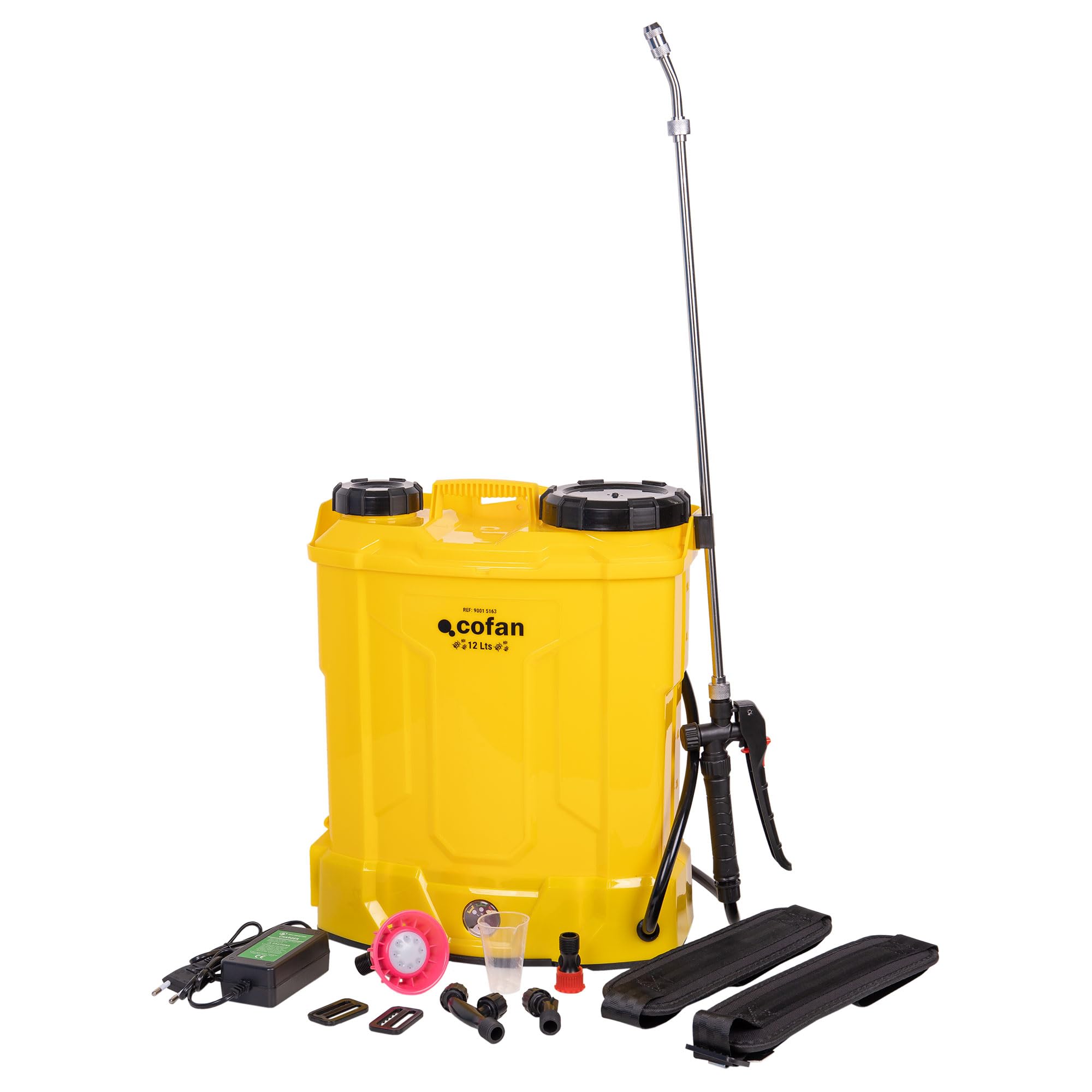 Cofan Pulverizador de Espalda Eléctrico, Sulfatadora Profesional de 12 litros, Batería de Litio 12 V, Lanza de Acero Inoxidable, 4 Boquillas Incluidas (Amarillo, 12 litros, Pulverizador de Espalda) — view 6