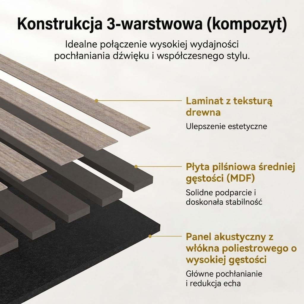 TONOR Drewniane panele akustyczne, 6 sztuk, 240 x 20 cm -2,88 m², panele ścienne, drewniane panele ścienne, jako płyty wygłuszające, dekoracja ścienna z drewnianych lameli, izolacja akustyczna, do