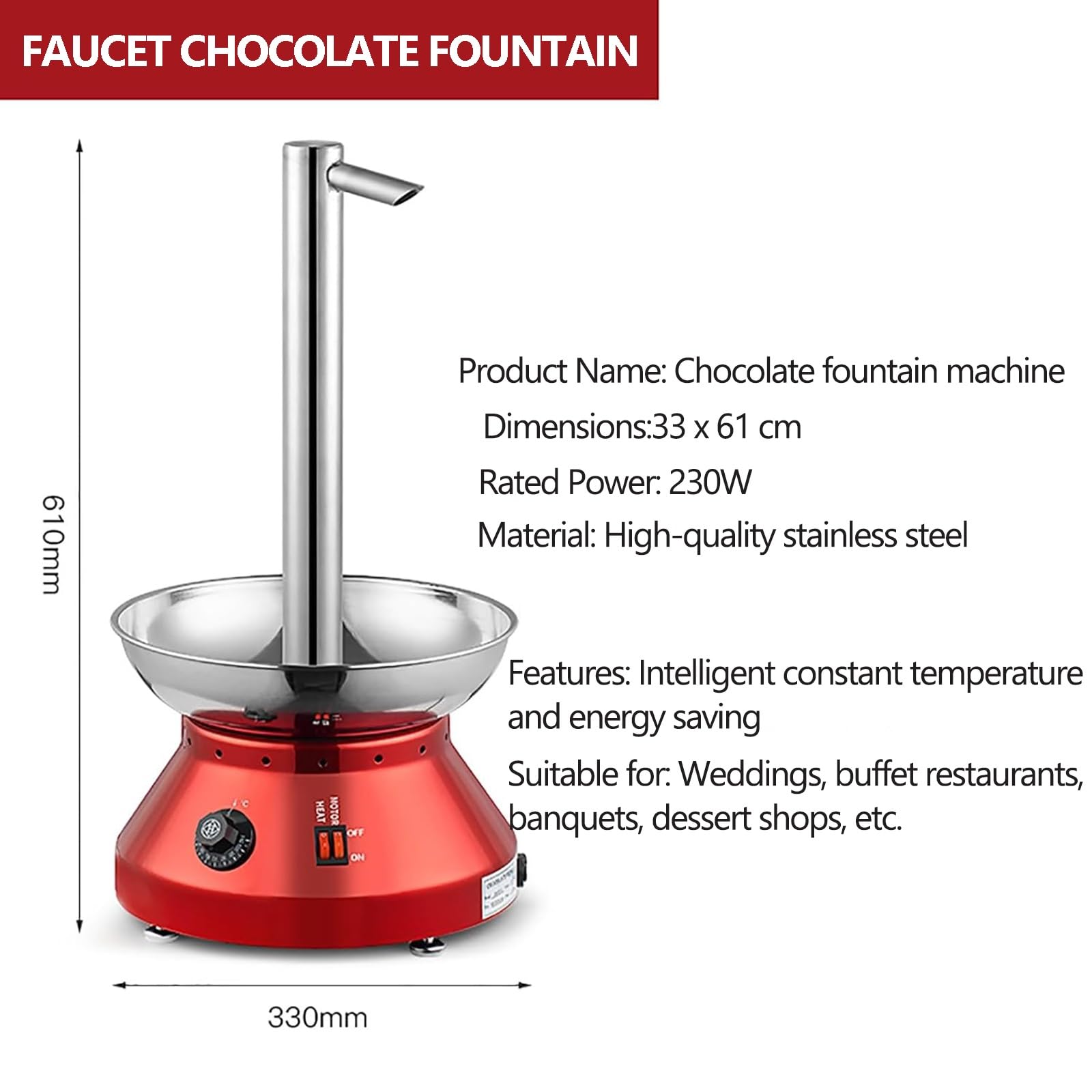 Fondue à chocolat électrique en acier inoxydable avec bol chauffant et double commande pour fêtes, mariages, événements