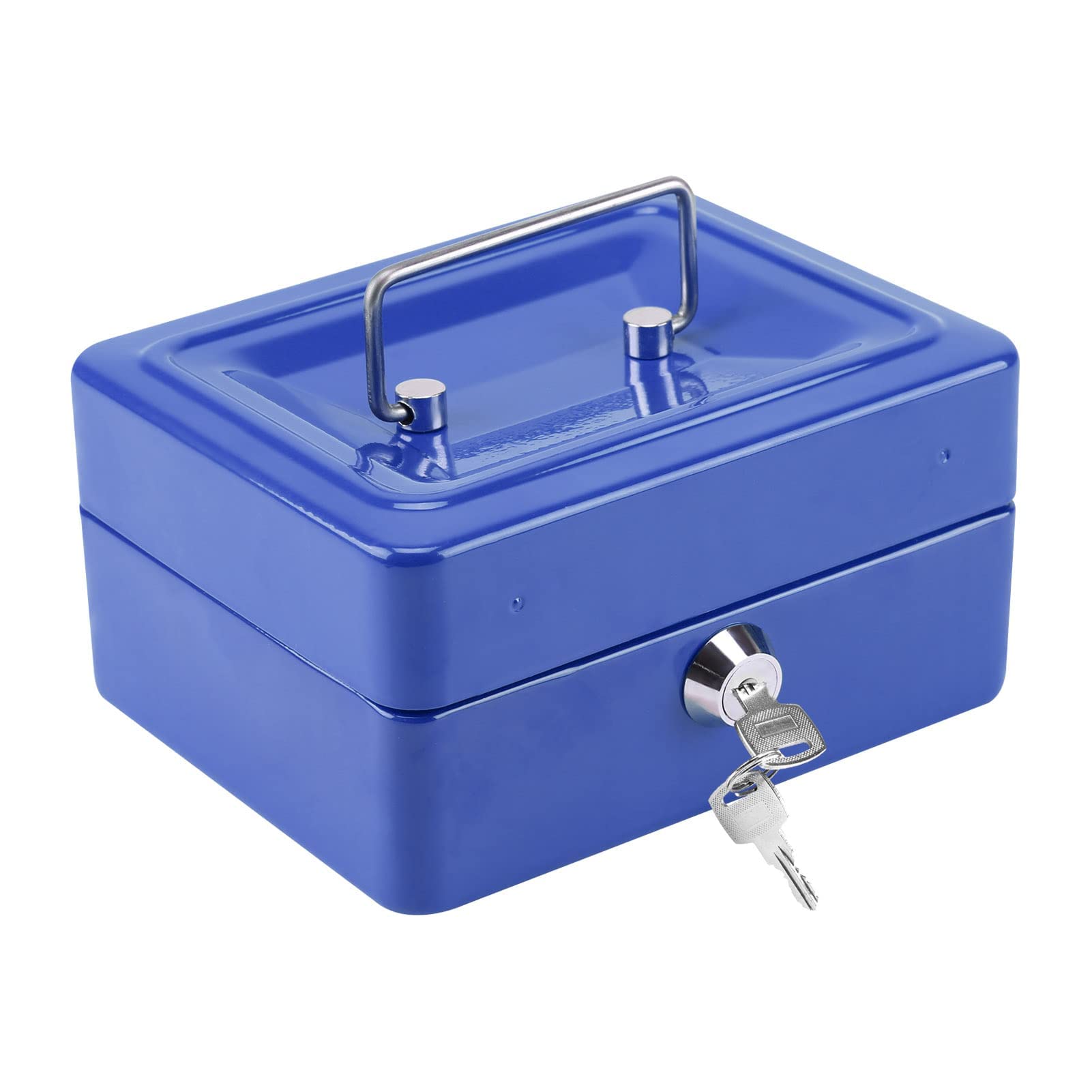 CROWNSHOP Lockable Cash Box 6" Metal Money Box with 2 keys Lockable Portable Petty Cash Deposit Tin with Removable Change Tray for Kids Shop Office Home (Blue)