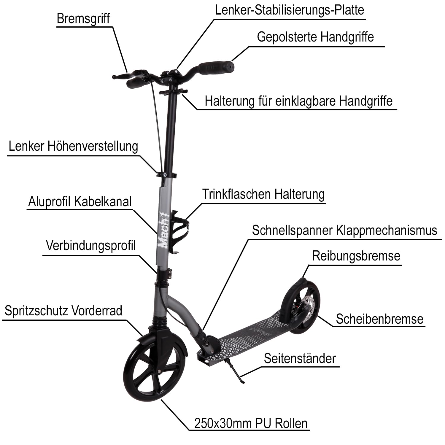 Mach1 Kick Scooter aluminiowa hulajnoga miejska, duże kółka XXL, koła od 145 do 250 mm, kółka/opony dla dorosłych i dzieci, składana hulajnoga