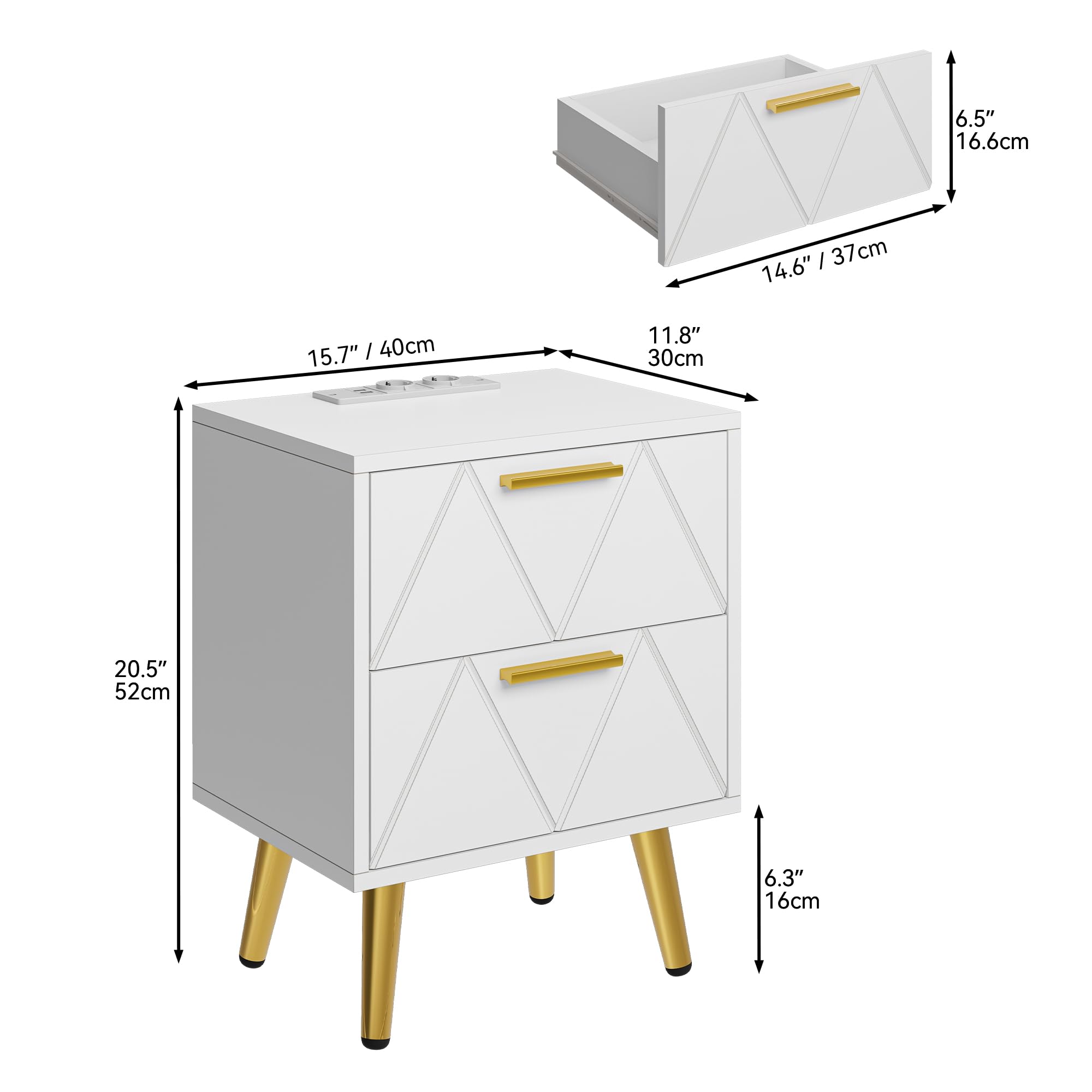 YITAHOME Comodino con 2 cassetti, 2 Porte e Prese USB, Comodino con Gambe e Maniglie in Metallo Dorato, Tavolino con Spazio per Riporre Oggetti per Soggiorno, Camera da Letto, 40x30x52 cm, Bianco