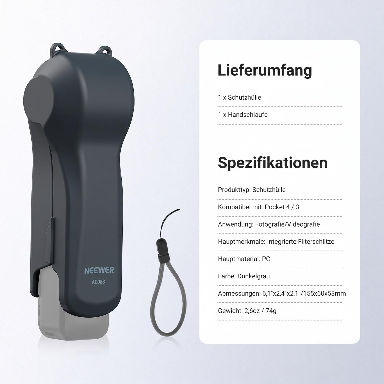 NEEWER Schutzhülle kompatibel mit DJI Osmo Pocket 4/3 & Xtra Muse, Reiseschutzhülle für Action Kamera Zubehör mit Filterfächern & Handgelenkband, AC088 (Dunkelgrau)
